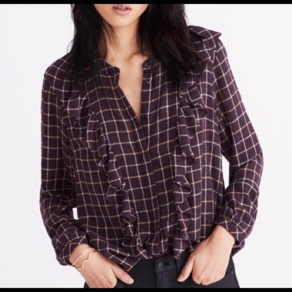 Madewell Tops - MADEWELL Purple Metallic Flannel Ruffle Blouse